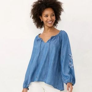 LC Lauren Conrad Women's Top Blouse Shirt Blue Embroidered  Size L